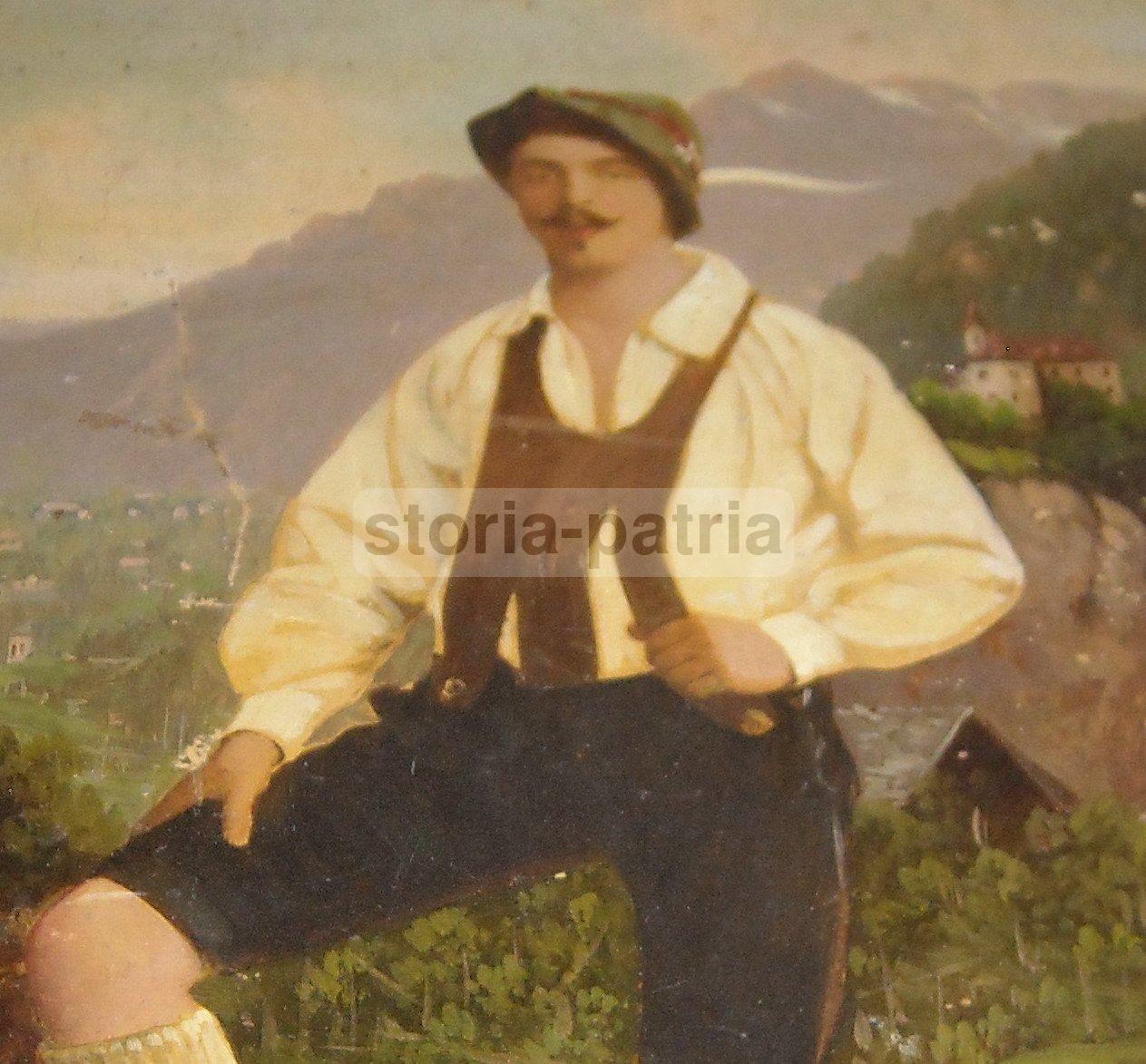 Arte Europea, Germania, Tirolo, Costumi Popolari, Folklore, Antico Dipinto, Eisermann immagine 3