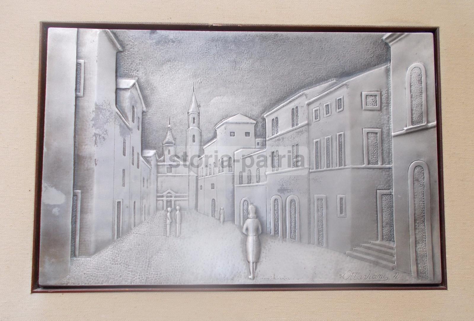 Arte, Scultura, Artistico Decorativo Pannello, Paese Con Chiesa, Animata Veduta, 1974 immagine 1