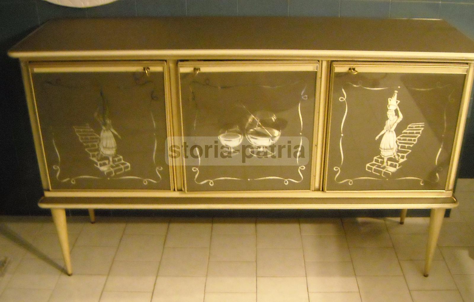 Modernariato, Design, Pregevole Decorativo Mobile Credenza, Vetri Incisi, Elegante immagine 8